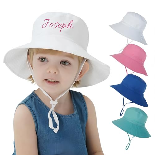 Personalized Baby Bucket Hat, Custom Baby Sunhat with Embroidered Name, UPF 50+ Sun Protection Wide Brim Toddler Hats for Baby Girl and Boy Summer Protection White