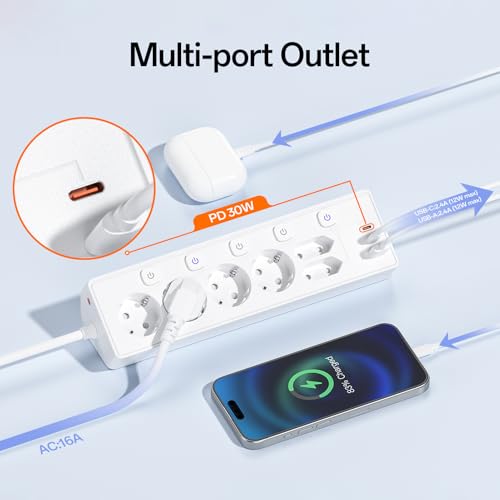 6 Fach Steckdosenleiste mit 3 USB PD 30W, Kemelo Mehrfachsteckdose mit Schalter, 9 in 1 Tischsteckdose Überspannungsschutz Schreibtisch Zubehör, 2m Verlängerungskabel Schreibtisch Steckdose,Weiß 3