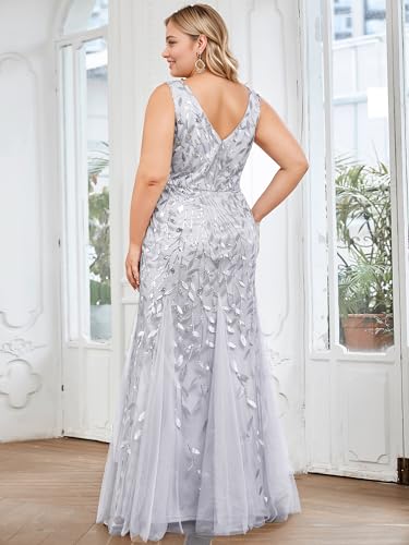 Image of Ever-Pretty Plus Sequin Formal Dresses Sleeveless V Neck Mermaid Ball Gowns Plus Size Prom Dress
