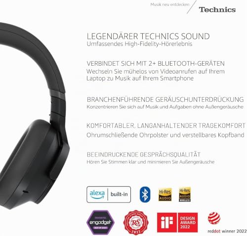 Technics - Kabellose Over-Ear-Kopfhörer mit Geräuschunterdrückung und 2 Geräten Multipoint-Konnektivität - EAH-A800-K Schwarz – Ansicht 2