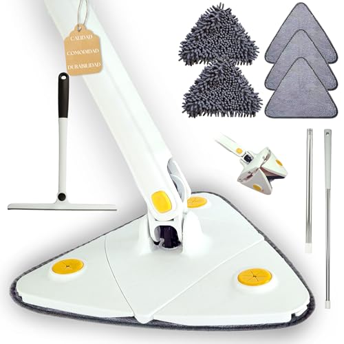 Pack Supervivencia de Limpieza Fregona Autoescurrible Triangular Que Limpia Azulejos Pared Y Cristales con Rasqueta Profesional Mopa Eficaz para Esquinas Difíciles Ideal para Baños y Azulejos