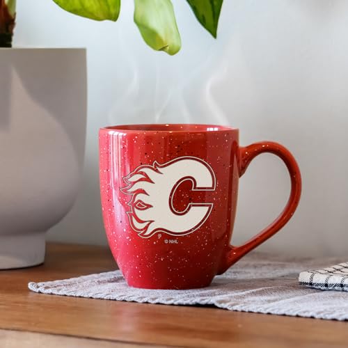 Image of Rico Industries NHL Hockey Calgary Flames Red Personalized 16 oz Team Color Laser Engraved Speckled Ceramic Coffee Mug
