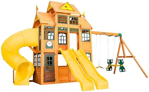 KidKraft Atlas Point Wooden Outdoor Swing Set with Play Kitchen