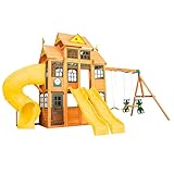 KidKraft Atlas Point Wooden Outdoor Swing Set/Playset with Kitchen, Slides and Glider
