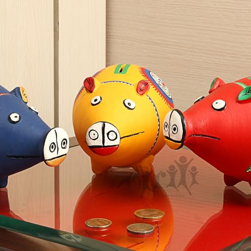 Image of Aakriti Art Creations Musturd Max Piggy Bank | Coin Bank Birthday for Boys and Girls | Hand Painted with Warli Art in Yellow Fabric Shade | Artistic Style Piggy Bank | Handcrafted Coin Bank