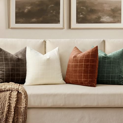 Image of MIULEE Burnt Orange Plaid Fall Decor Throw Pillow Covers 18x18 Set of 2 | Vintage Check Chenille Couch Pillows Boho Farmhouse Cushion Covers Modern Fall Home Decor for Sofa Bed Living Room