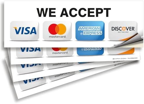 Credit Card Sticker Signs Stickers €“ 4 Pack 9€ x3€ Inch We Accept Visa, MasterCard, Amex & Discover, Premium Self-Adhesive Vinyl, Laminated, UV, Weather, Scratch, Water and Fade Resistance