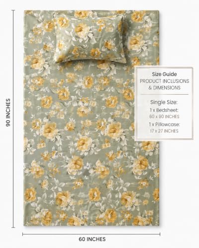 Image of VAS COLLECTIONS 240 TC Premium Cotton Single Bedsheet, Soft Breathable Comfortable Floral Printed Bed Sheet, Elegant Durable Bedding for Bedroom, Easy Care Single Bed Cover,60 x 90 Inches - Ochre