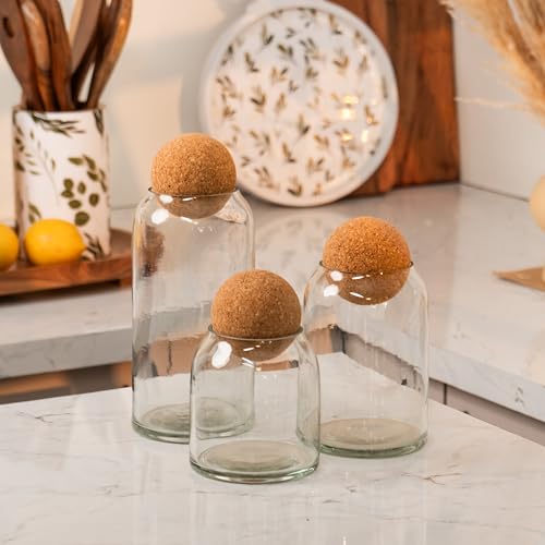 Image of Crest Glass Jar Set - Glass Storage Jars with Spherical Cork Lids - Multipurpose Storage for Kitchen & Decor (Set of 3)