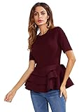 Romwe Women's Vintage Layered Ruffle Hem Slim Fit Round Neck Peplum Blouse Burgundy XL