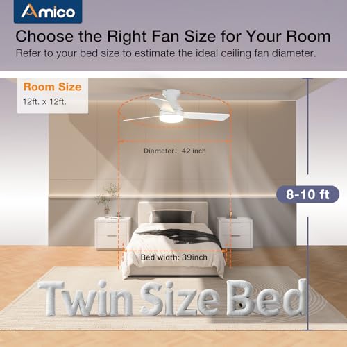 Amico Ceiling Fans with Lights, 42 inch Low Profile Ceiling Fan with Light and Remote Control, Flush Mount, Reversible, 3CCT, Dimmable, Noiseless, White Ceiling Fan for Bedroom, Indoor/Outdoor Use thumbnail 8
