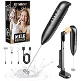 Dynooper Electric Milk Frother Handheld: Rechargeable 3 in 1 - LED Digital Display with 3 Speeds Portable Stainless Steel Drink Foam Mixer for Milk Coffee, Lattes - Starlight Black