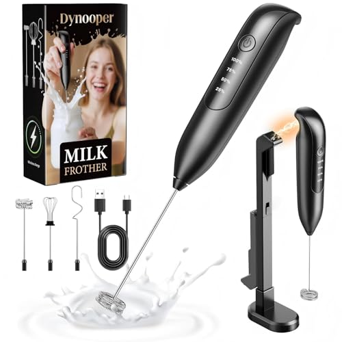 Dynooper Electric Milk Frother Handheld: Rechargeable 3 in 1 - LED Digital Display with 3 Speeds Portable Stainless Steel Drink Foam Mixer for Milk Coffee, Lattes - Starlight Black