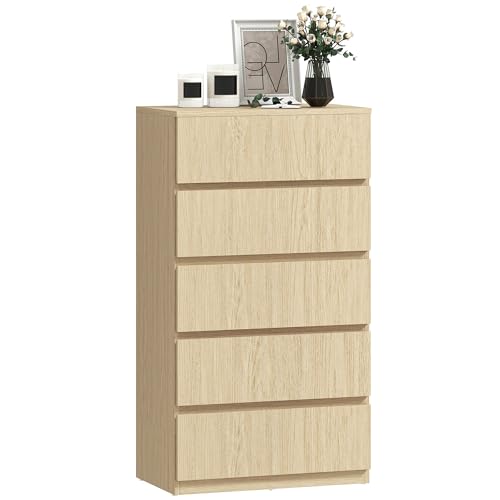 Cómoda HOMCOM, armario de 5 cajones, armario de torre para dormitorio y salón, madera natural