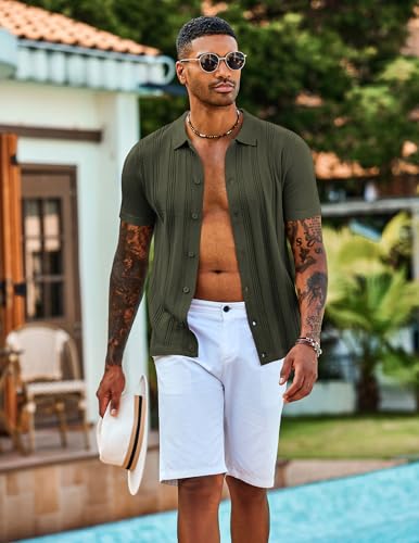 COOFANDY Men's Knit Shirts Short Sleeve Casual Button Down Polo Shirt Summer Beach Vacation Shirts3