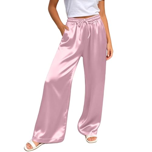 Image of Duohropke Women's Satin Plain Leisure Trousers Breathable and Lightweight Summer Trousers with Pockets Elegant Soft Loose Lounge Trousers Wide Satin Palazzo Pyjama Bottoms Sleepwear, pink, S