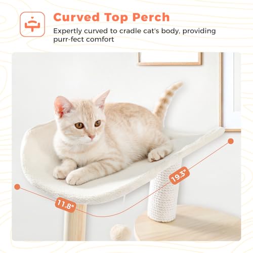 Image of 49 inch Wood Cat Tree Tower for Indoor Cats, 5-Level Modern Cat Tower with Curved Top Perch, Fully Cotton Scratching Posts & Natural Wood Posts, Cat Furniture with Interactive Dangling Ball, Beige