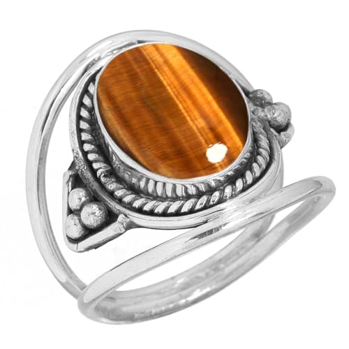 Jeweloporium Œil de Tigre Marron Bague Recouvert d'Argent Taille 55, Bague en Argent .925 pour Femme, Bijoux Bohème Pierre Ovale Naturelle