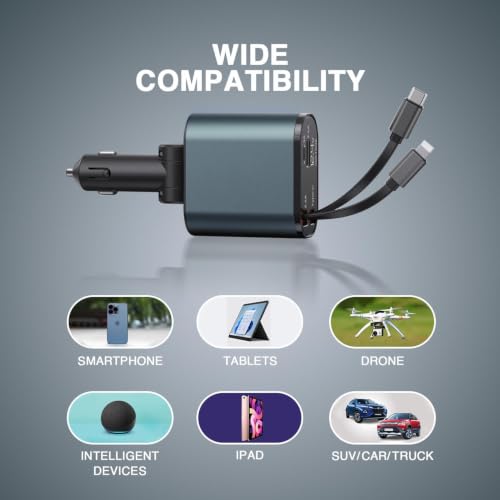 Image of Prolet 120W 4 in 1 Car Charger with 2 Retractable Cable (Type C & iPhone), 1 USB & 1 Type C Port- Universal Car Charger Compatible with All Android & iPhone Series 17 /16 / 15 /14 / 13 /12 / 11