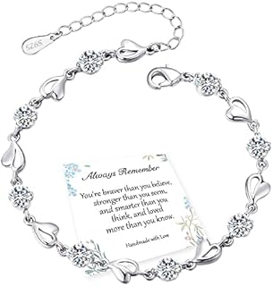 EXGOX Silver Bracelet for Women,925 Sterling Silver Love Heart Bracelet Shiny Crystal Diamond Adjustable Heart Bracelet for Women Girls