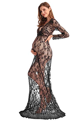 AYMENII Boudoir - Vestido de encaje de manga larga para maternidad, vestido de baño con leche, vestido de sesión de fotos, vestido sexy para mujer con cuello en V profundo, Negro, L