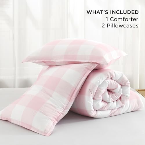 Image of Andency Pink Checkered Comforter Queen(90x90Inch), Plaid Gingham Buffalo Plaid Grid Bedding Sets for Girls Kids Women Kids Teens, 3 Pieces Lightweight Polyester Geometric Preppy Bed Set