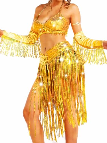 Nicute Cowgirl Costume for Women Gold Sequin Skirt Set Sparkly Carnival Burning Man Rave Outfits for Adult (Gold)