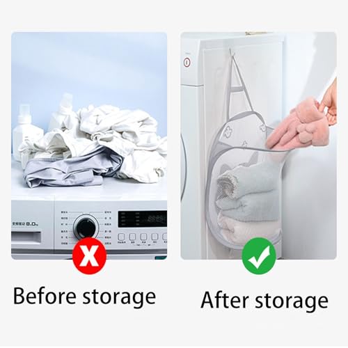 HoAhaMay 2 Stück Hängender Wäschekorb, Wand-Wäschekörbe Faltbarer Mesh Laundry Basket Aufbewahrungskorb auf die Lagerung Pop-Up-Mesh Wäschekorb für Zuhause, Hotel, Reisen, Camping (Weiß/Grau)