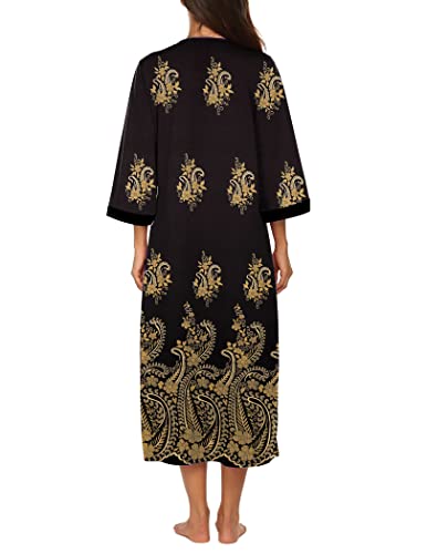 Image of Ekouaer Women Zipper Robe 3 /4 Sleeves Loungewear Dress Full Length Sleepwear Pockets Housecoat Nightgown Long Bathrobe