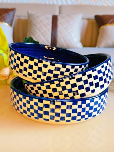 Image of Niyara Stoneware Handmade Ceramic Stylish Premium Serving Bowls /Salad Tray Microwave Dishwasher Safe (Blue and White Print Design)