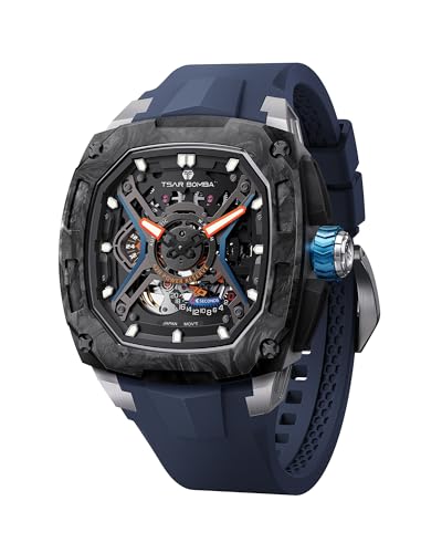 Image of TSAR BOMBA Luxury Mechanical Watches for Men with Carbon Fiber Case Men Wristwatch Luminous 5ATM Water Resistant Men's Watch with Fluorine Rubber Strap Great Gifts for Men