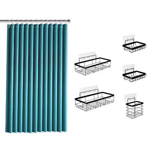 Clara Clark Teal Shower Curtain Set with Black Shower Caddy Hanging - Fabric Shower Curtains and Stainless Steel Shower Caddies, Bathroom Shower Curtain Sets with Corner Shower Caddy Dorm