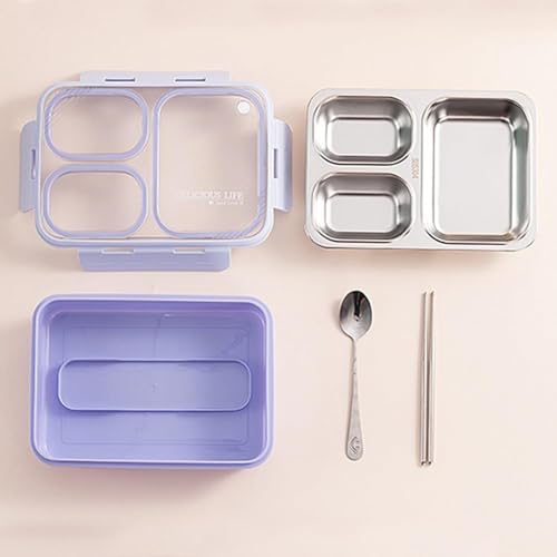 Image of Stainless Steel Lunch Box | 3-Compartment Leakproof & BPA-Free Bento Box | Insulated with Detachable Inner Containers & 4-Sided Lock | Ideal for Office, School, College, Travel | Lavender
