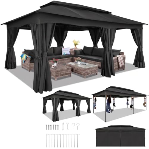 Image of COBIZI 12x20 FT Gazebo Outdoor with Curtains, Heavy Duty Soft Top Gazebo Canopy with Double Roof, Large Metal Frame Gazebos for Patio, Backyard and Deck (Black)
