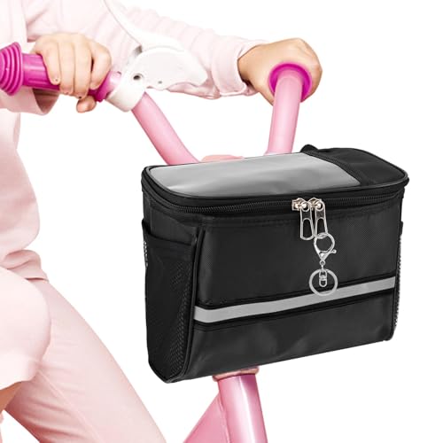 Image of TGUS Kids Bike Basket, Front Frame Scooter Basket Bag, Handlebar Bag Organizer for Boys Girls with Clear Phone Pouch, Bike Decoration for Most Children's Bikes(Color:Black)