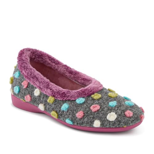 Pavers - Womens Full Slippers in Grey Multi - Playful Contrast Pom Poms - Flexible & Gripped Sole - Practical Design - Size 5 UK