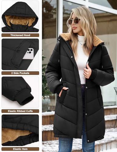 Yuson Girl Winterjacke Damen Wintermäntel Lang Steppjacke Fleece Gefüttert Mantel mit Kapuze Herbst Winter Jacke Winterparka Warm Steppmantel Winddichte Fleecejacke mit Tasche(Schwarz, XL)