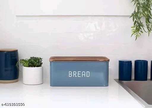Image of Metal Bread Box Set | Airtight Bread Storange Box For Kitchen Bread Dispenser Food Grade Storage Box with Wooden Lid - 4 litre