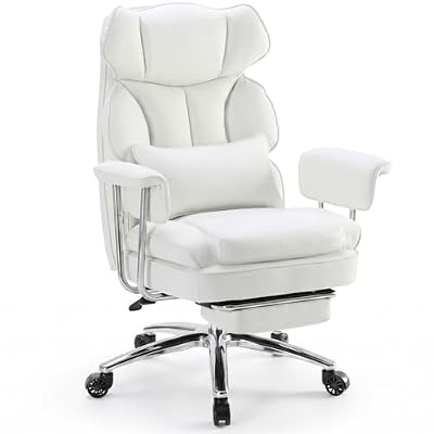 Sweetcrispy Executive Home Office Desk Chair - Ergonomic Big Tall High Back with Footrest & Lumbar Support, Reclining Height Adjustable, Comfy PU Leather Computer Gaming with Swivel Wheels, White