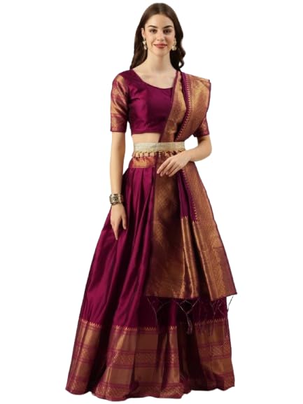 Women's Lehenga set Kanjivaram Silk Pure Zari Unstitched Lehanga With Regular Fit Blouse With Heavy Jacquard Zari Work Dupatta Traditional Half Saree,1041-Atrangi LEHENGA-image-26