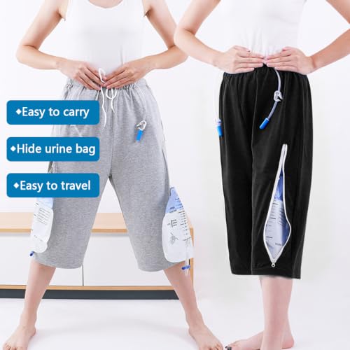Image of Unisex Incontinence Care Trousers,Urinary Drainage Trouser,Catheter Pant,Fistula Pants,Ostomy Drainage Bag Care Scanties,Double Zippered Pockets Holding 2000ml Catheter Bags Black