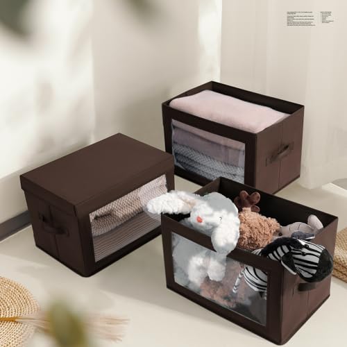 Image of Homsorout Foldable Storage Boxes with Clear Window - Clothes Organizers and Decorative Bins with Lid, Fabric Storage Cube, Baskets for Shelves, Yarn, Home, Brown, 3 Pack