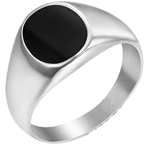Stainless Steel Black Enamel Filled Oval Shape Signet Style Wedding Statement Promise Pinky Ring