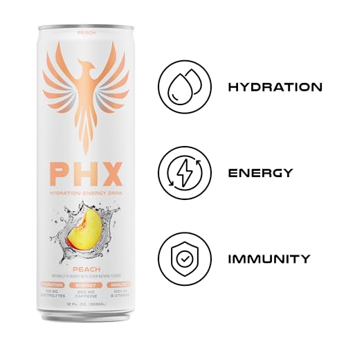 Image of PHX Hydration Energy Drink - 700mg Electrolytes, 200mg Natural Green Tea Caffeine, 100% Daily Value 8 Essential Vitamins - 12 oz Cans (12 Pack, Peach)