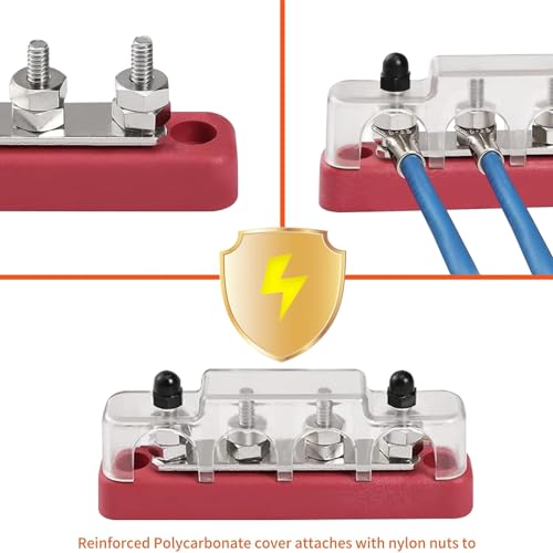 Barre omnibus 12 V-48 V avec 4 boulons de connexion M6, barre omnibus DC, 4 blocs de distribution d'alimentation, avec couvercle de protection transparent, rouge. – vue 4