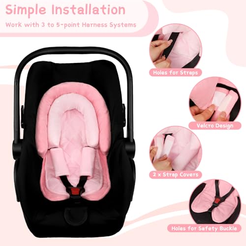 Image of Pea Pod Baby Car Seat Head Body Support & Strap Covers, 2 in 1 Infant Car Seat Insert, Reversible Soft Breathable Newborn Cushion Pads for Preemie, Perfect for Baby Carseats, Strollers, Swings (Pink)