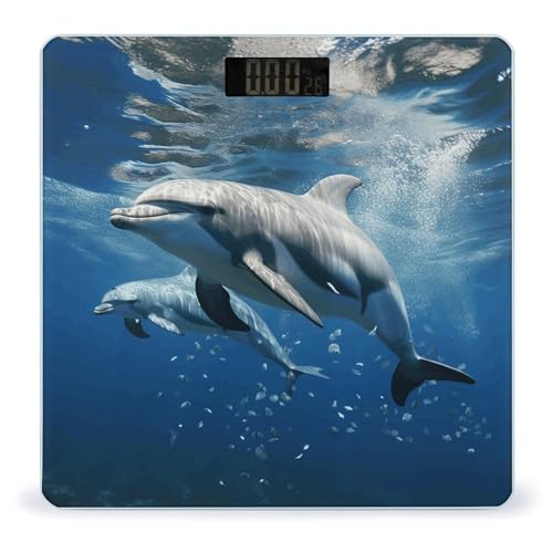 Balanza digital de baño con diseño de delfines y vidrio templado miniatura 1