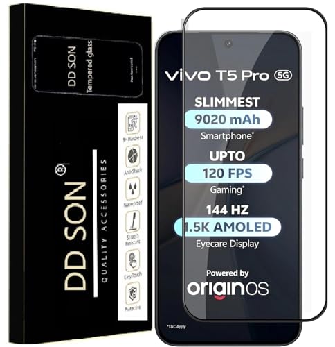 Image of DD SON Premium Tempered Glass Screen Protector Guard Compatible For Vivo T5 Pro 5G (6.83 Inch, Pack of 1) | Edge to Edge Coverage With Easy to installation kit for Smartphone