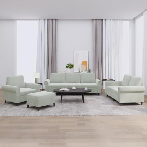 vidaXL Sofagarnitur 4-TLG., Sessel Couch mit Kissen Fußhocker, Sofa Wohnzimmersofa mit Armlehnen, Couchgarnitur Designsofa Sitzmöbel Polstermöbel, Hellgrau Samt – Bild 3