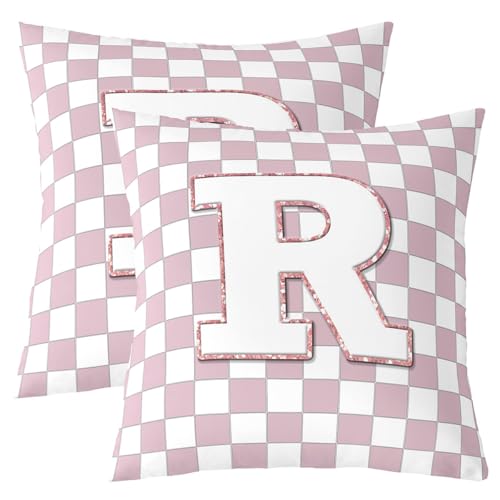 Image of Erosebridal Pink Initial R Throw Pillow Covers 24x24 Set of 2 Kawaii Plaid Checkered Cushion Cover Cute Personalized Monogram Throw Pillow Case for Bed Couch Sofa Fashion Grids Gingham Home Decor